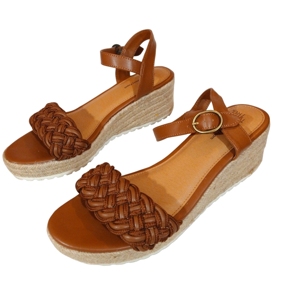 Time and Tru Cognac Braided Espadrille Wedge Sandals Size 9.5